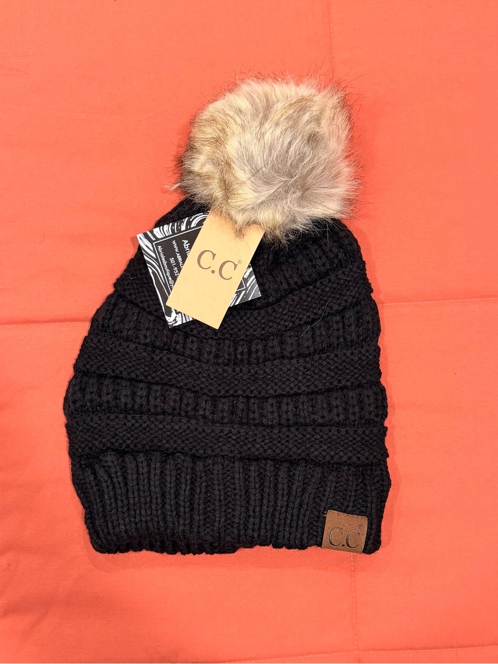 C.C Black Knit Beanie with Faux Fur Pom